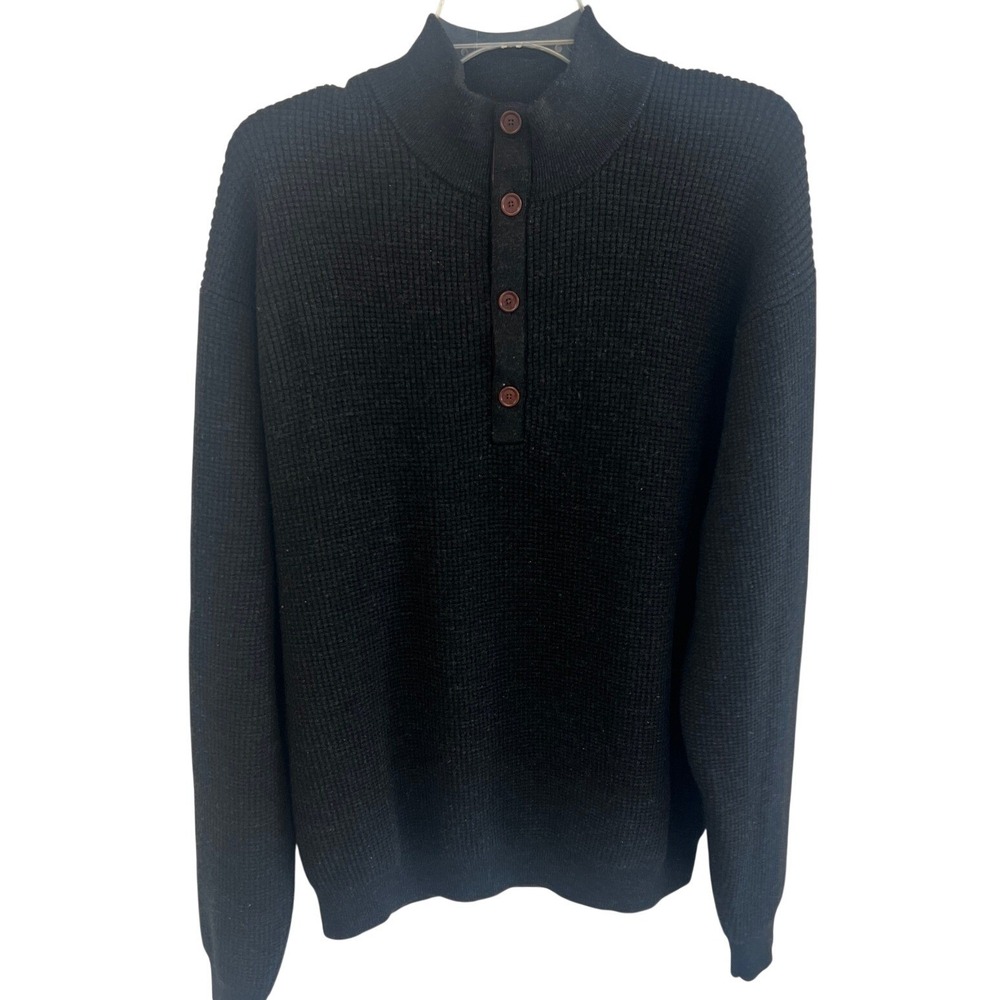 Orvis Mens Waffle Knit Wool Henley Sweater Charcoal Black Mock Neck L RN70534